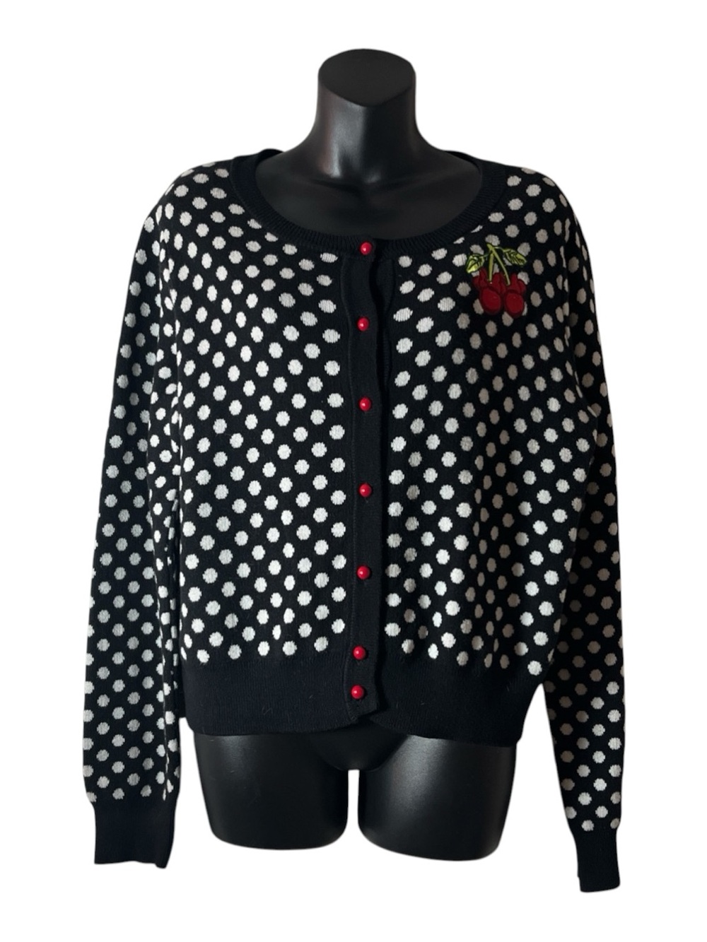 Disney Black and White Polka Dot Cardigan with Red Cherry Buttons Sz 0